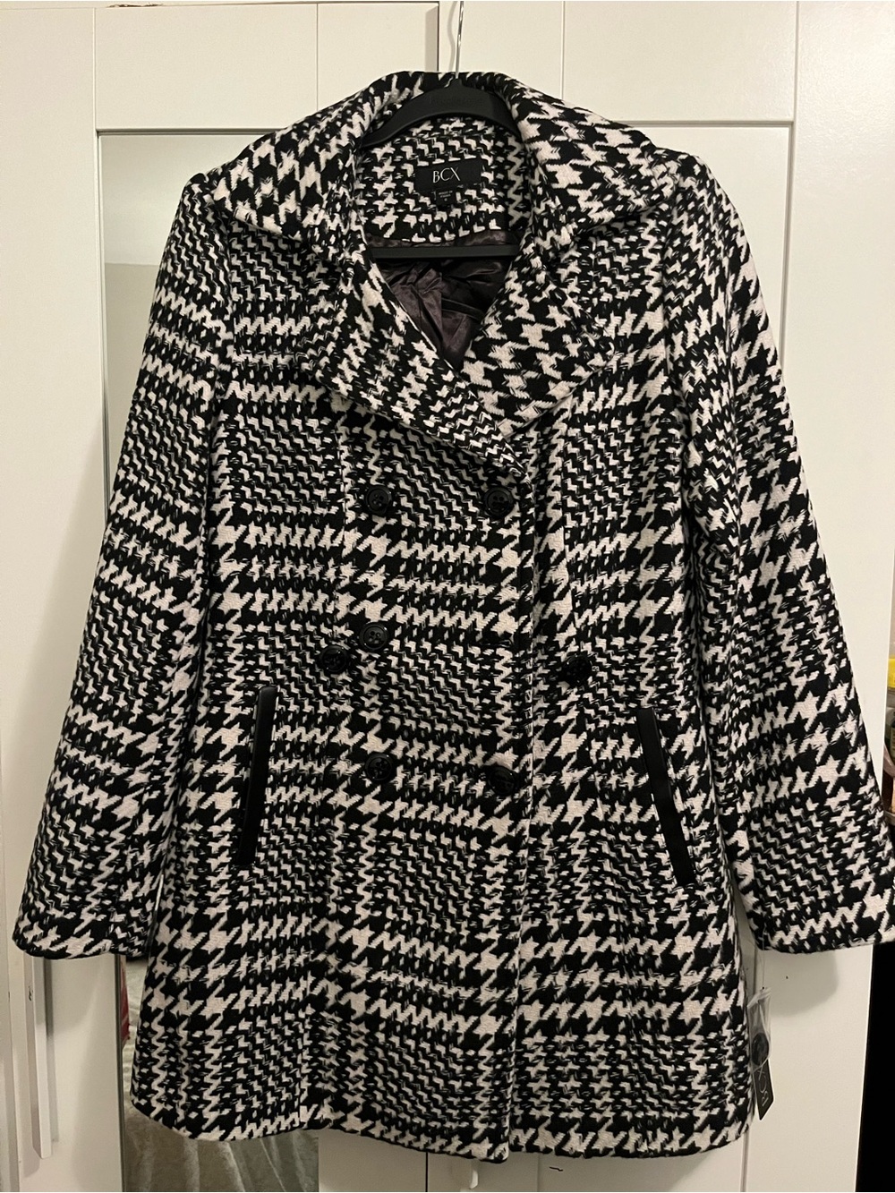 BCX Black and White Houndstooth Double-Breasted Peacoat